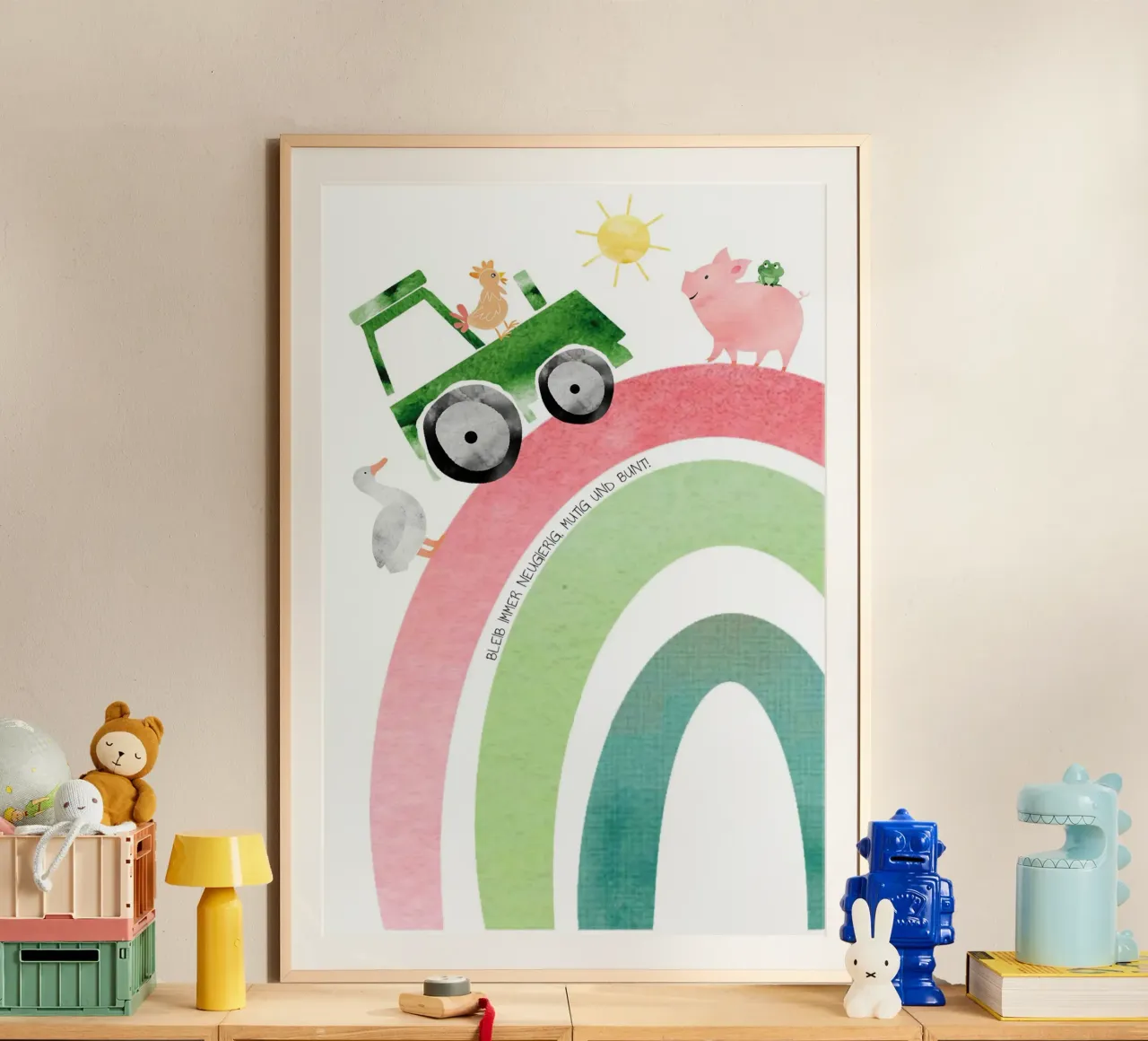 Bauernhof - neugierig, mutig, bunt poster con telaio in plastica da maramirage