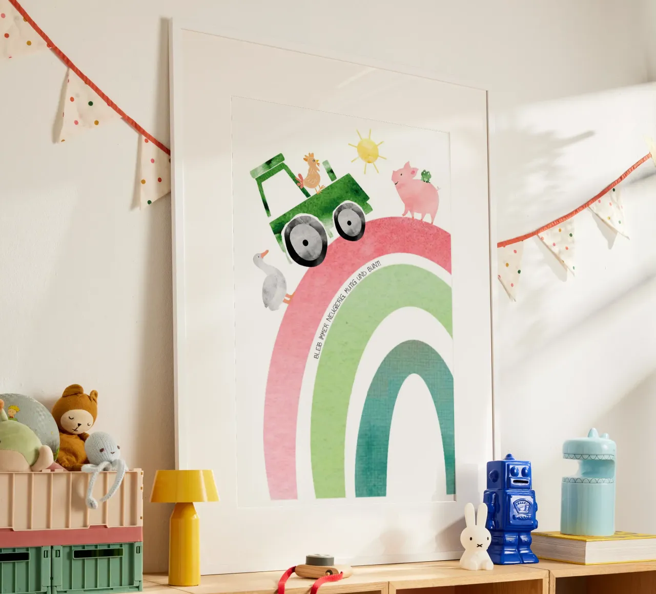 Bauernhof - neugierig, mutig, bunt poster con telaio in plastica da maramirage
