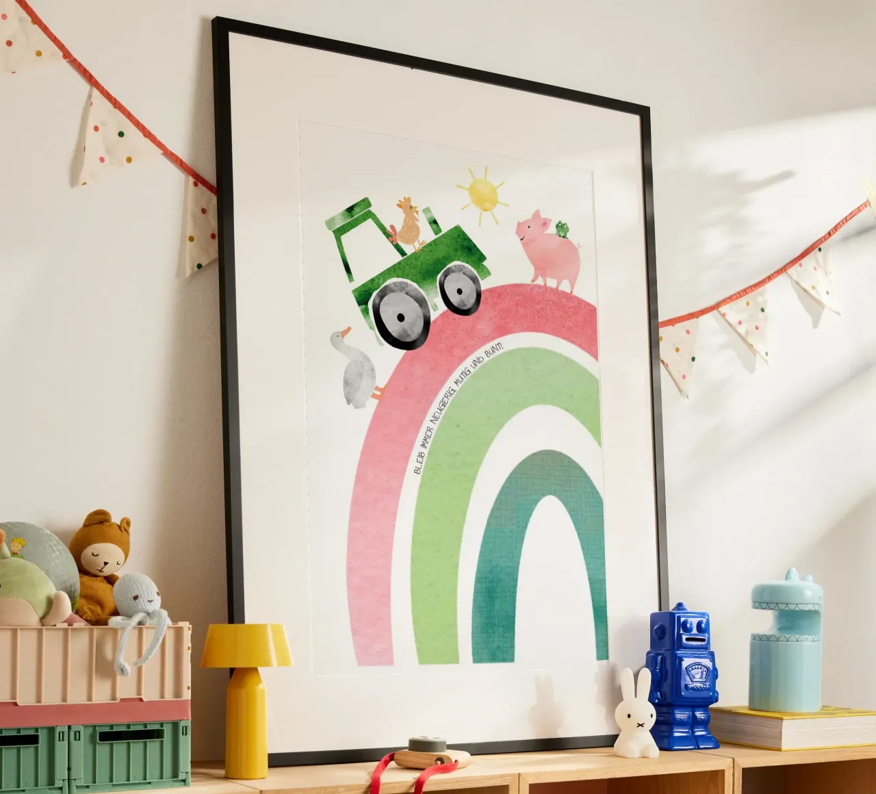 Bauernhof - neugierig, mutig, bunt poster con telaio in plastica da maramirage