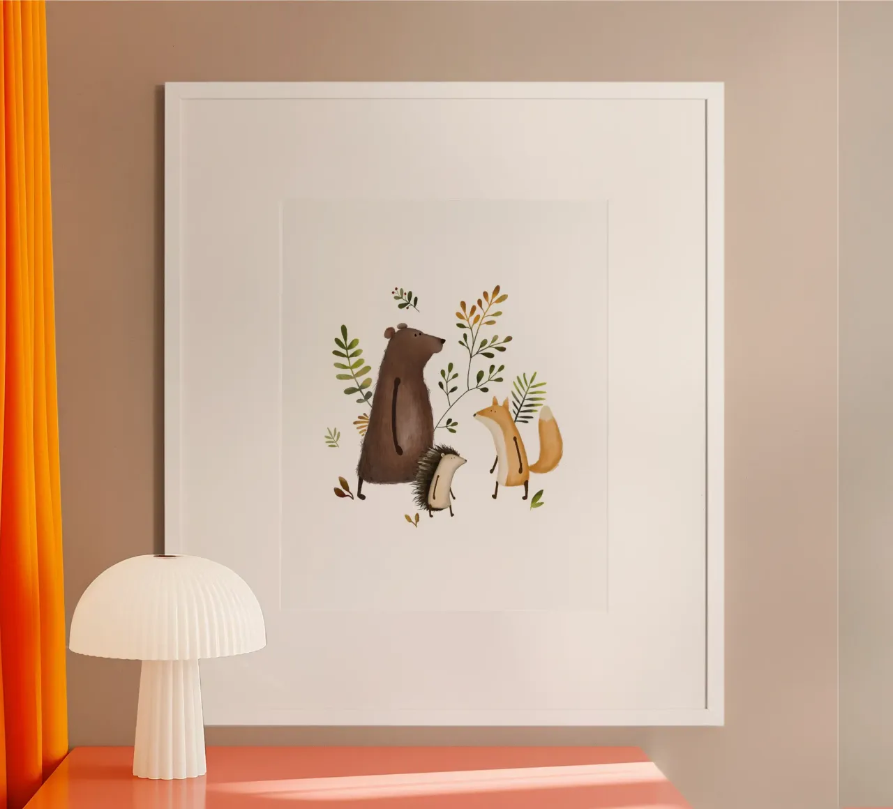Woodland Friends Adventure - Grillige dierlijke kunstdruk poster met houten frame van Urchin Bay Art