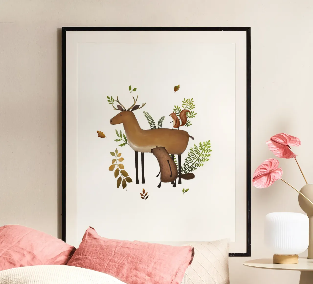 Rassemblement d'amis de la forêt - Impression fantaisiste d'animaux des bois poster de Urchin Bay Art
