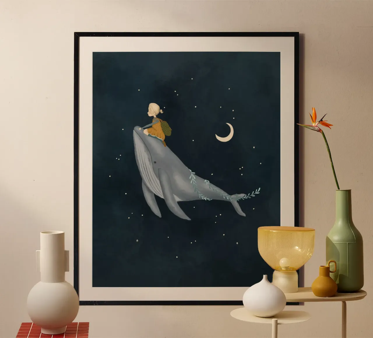 Cavalier de baleine étoilé - Impression d'art fantaisiste du ciel nocturne poster de Urchin Bay Art
