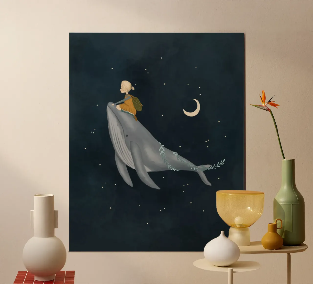 Cavalier de baleine étoilé - Impression d'art fantaisiste du ciel nocturne poster de Urchin Bay Art