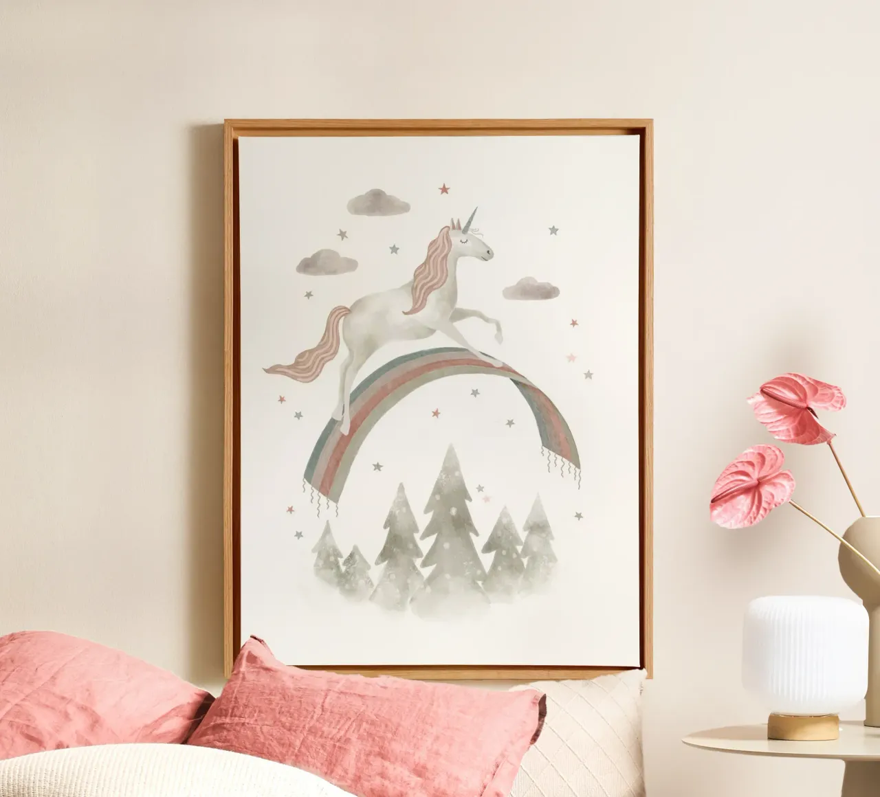 Rainbow Unicorn Adventure - Whimsical Fantasy Art Print canvas with Floater frame by Urchin Bay Art