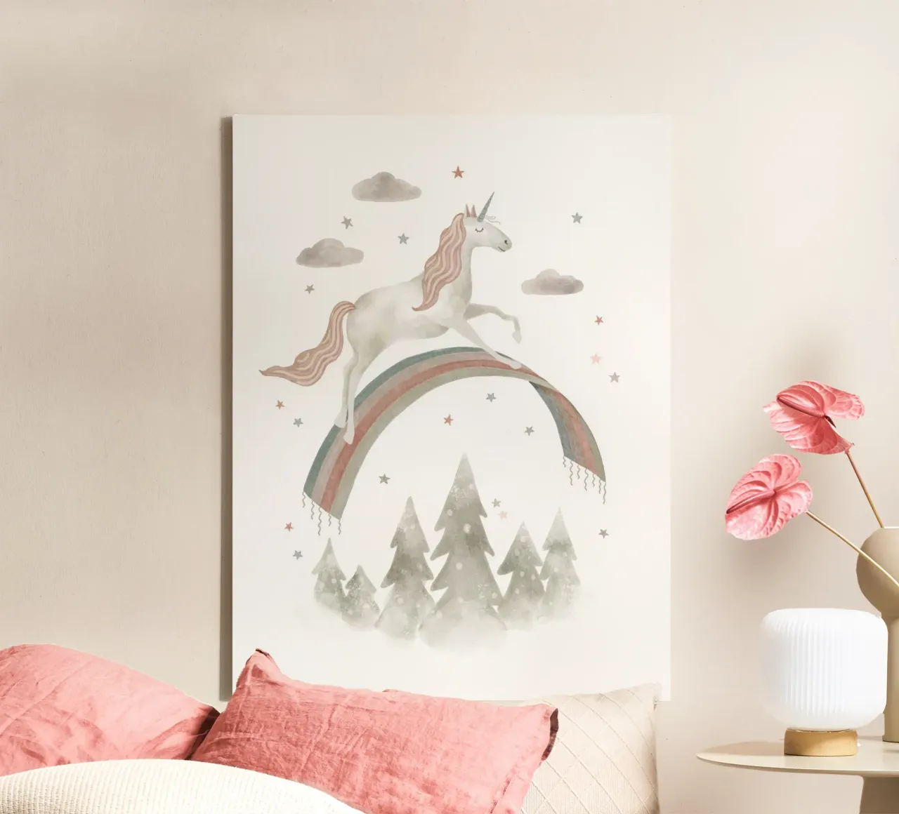 Rainbow Unicorn Adventure - Whimsical Fantasy Art Print canvas with Floater frame by Urchin Bay Art