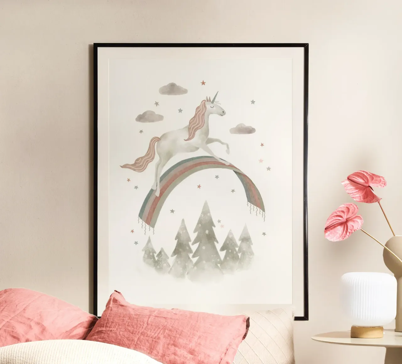 Rainbow Unicorn Adventure - Whimsical Fantasy Art Print poster by Urchin Bay Art