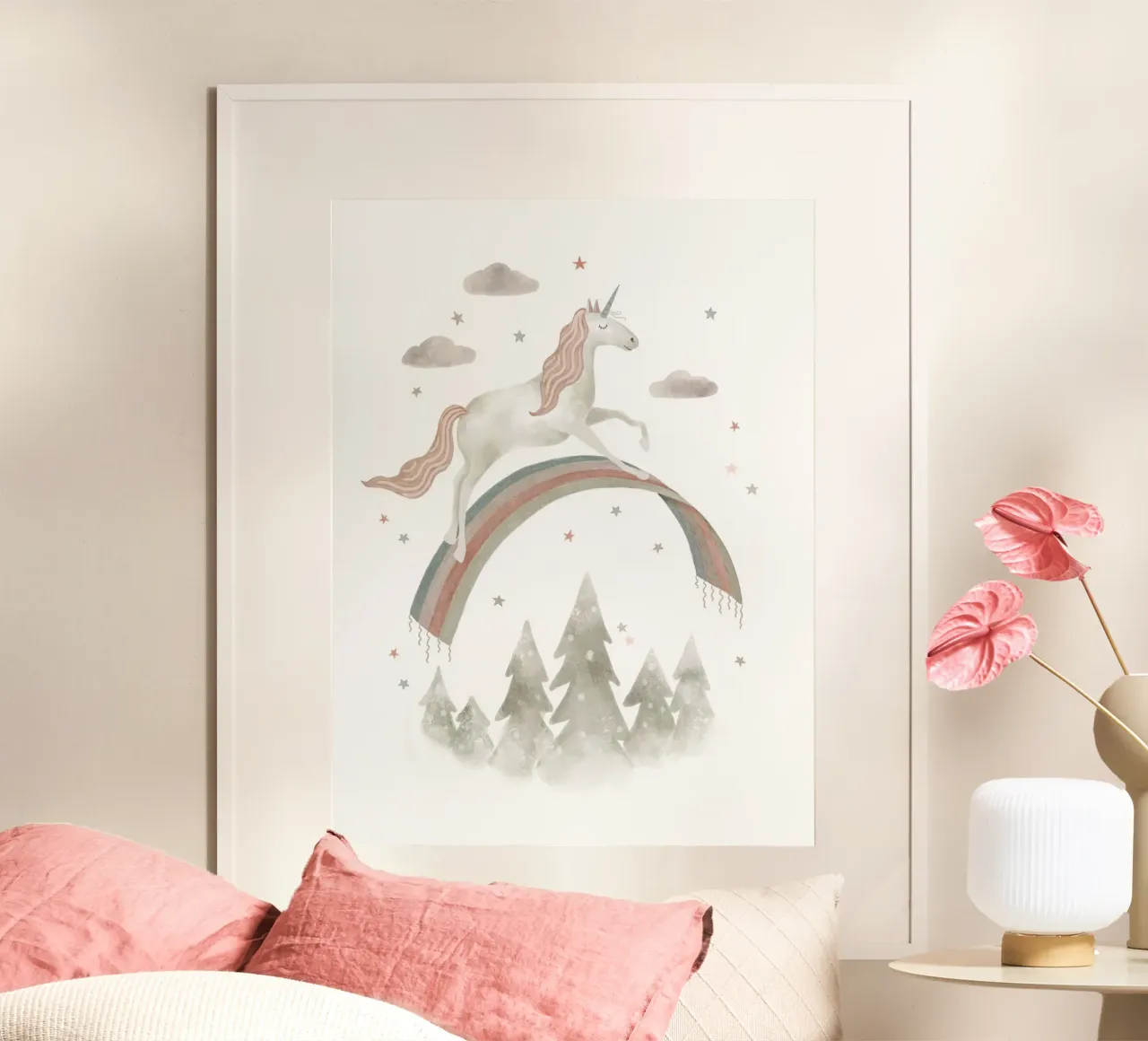 Rainbow Unicorn Adventure - Whimsical Fantasy Art Print poster by Urchin Bay Art