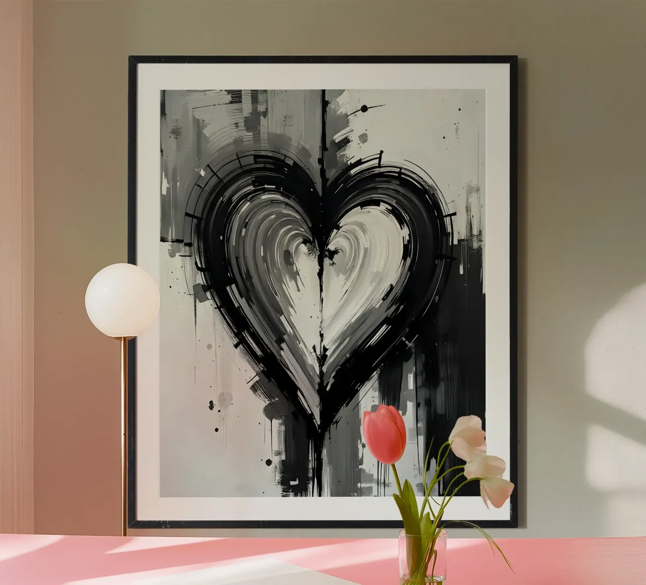 cuore_bianco_nero_4 poster con telaio in plastica da Pink- und LoveArt by LK