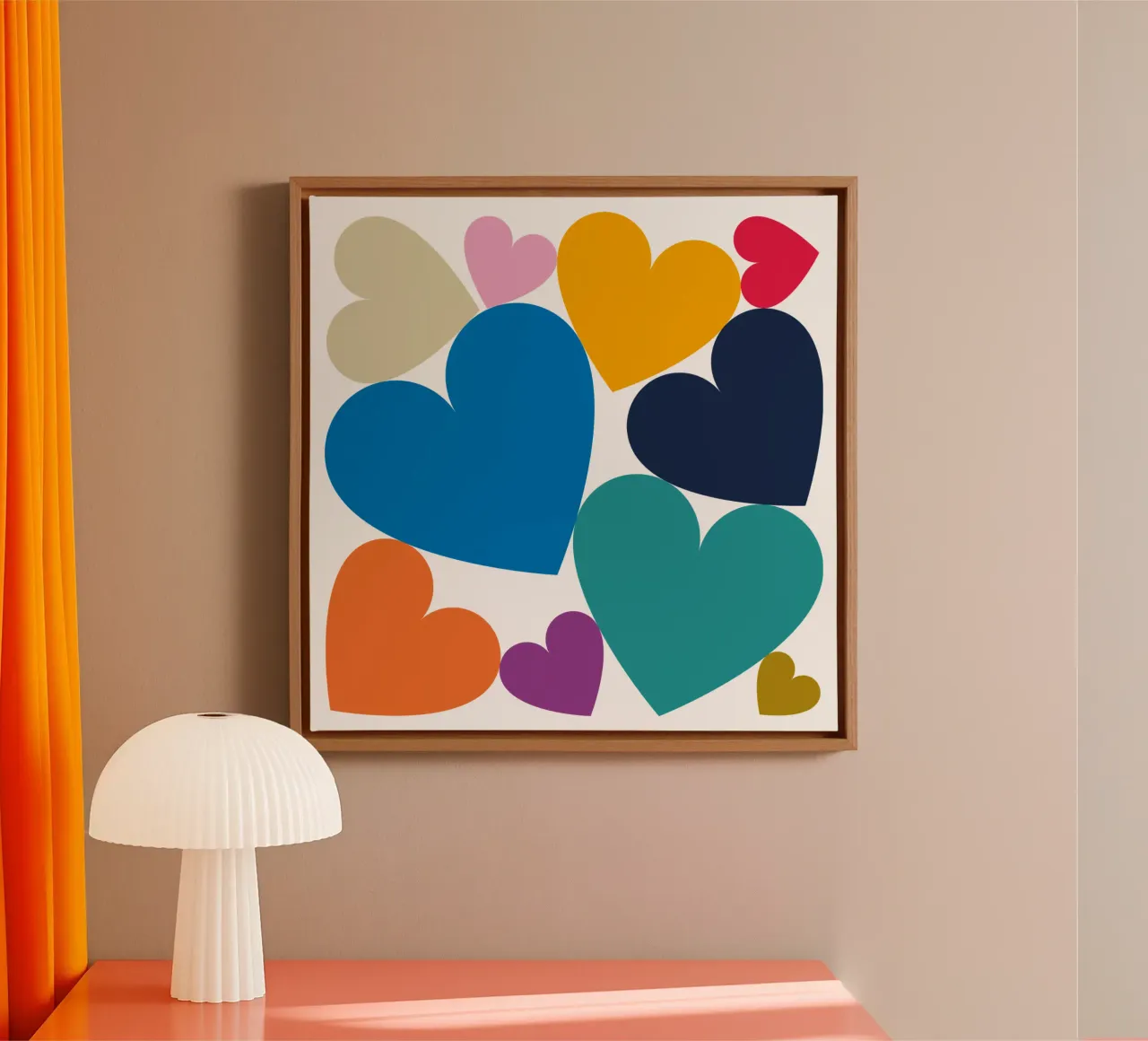 Gestapelde kleurrijke harten canvas met Baklijst van Katja Stehle Design