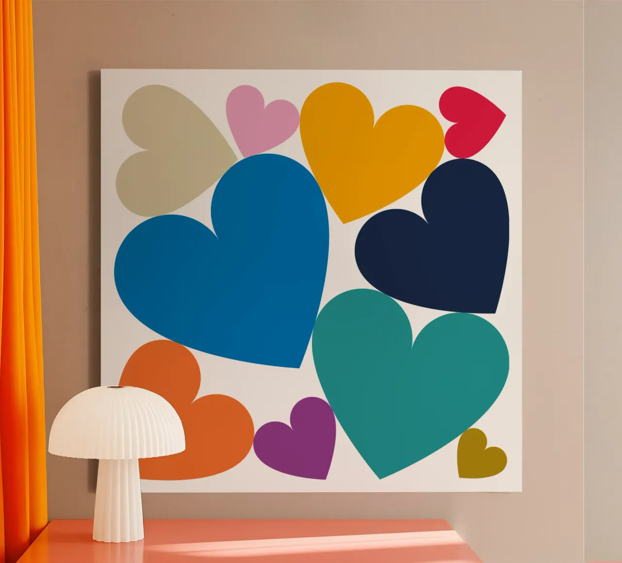 Gestapelde kleurrijke harten canvas met Baklijst van Katja Stehle Design