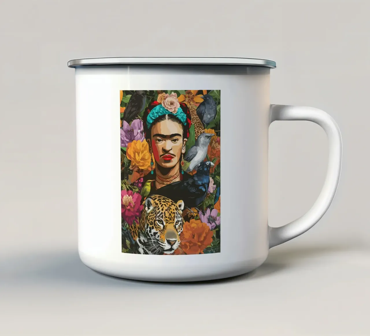 Frida with flowers and animals tazza in smalto da edsonramosart