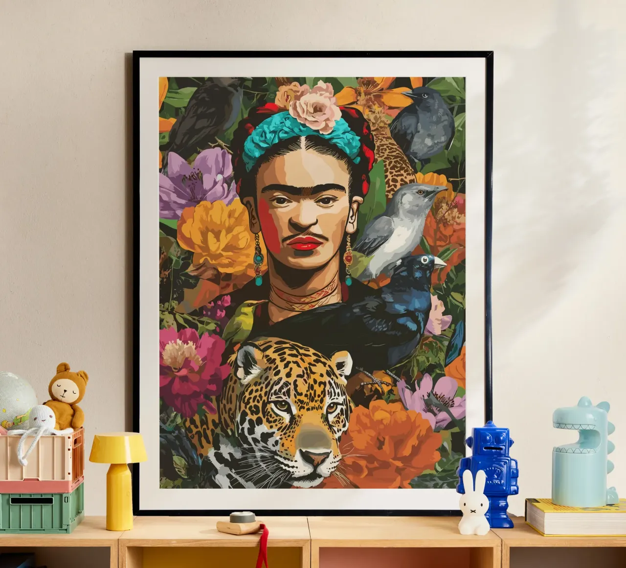 Frida with flowers and animals poster da edsonramosart