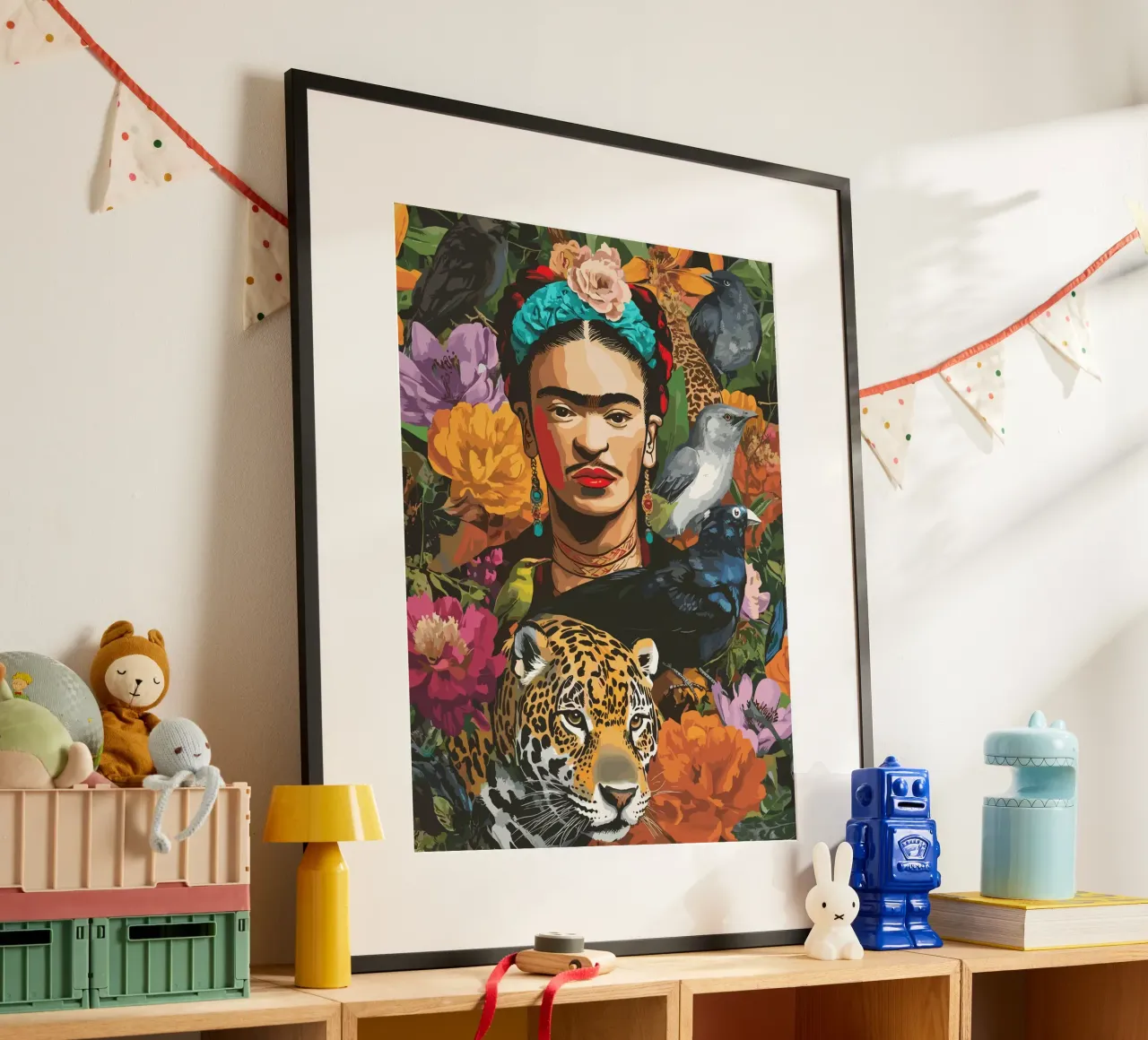 Frida with flowers and animals poster da edsonramosart