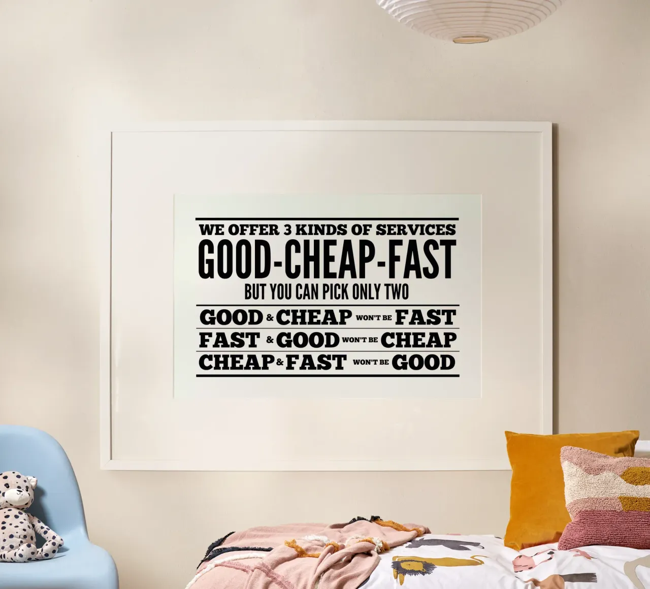Good Cheap Fast poster con telaio in legno da Mr Cup