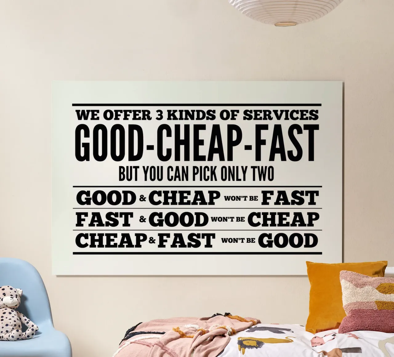 Good Cheap Fast poster con telaio in legno da Mr Cup