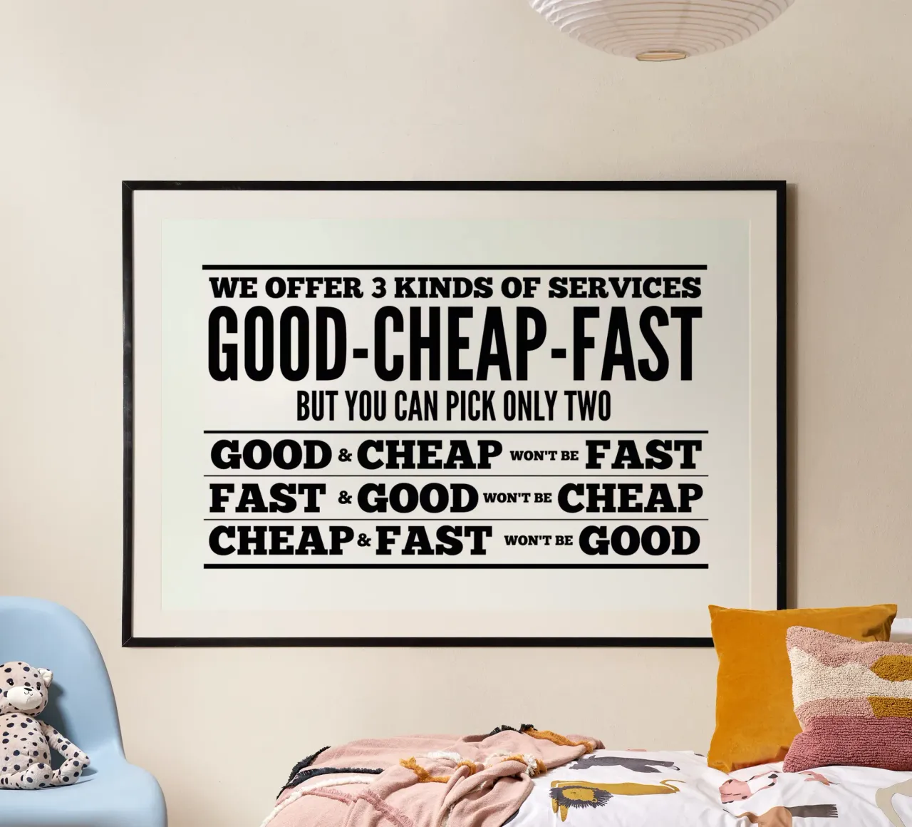 Good Cheap Fast poster con telaio in legno da Mr Cup