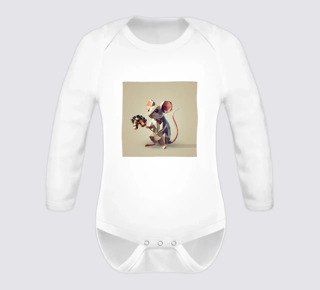 Playful mouse with hobbyhorse in polygon style long-sleeve baby romper by namosh