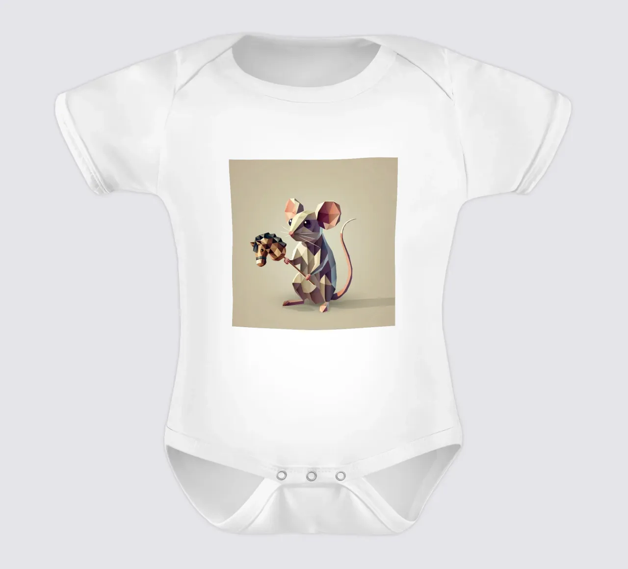 Playful mouse with hobbyhorse in polygon style short-sleeve baby romper by namosh