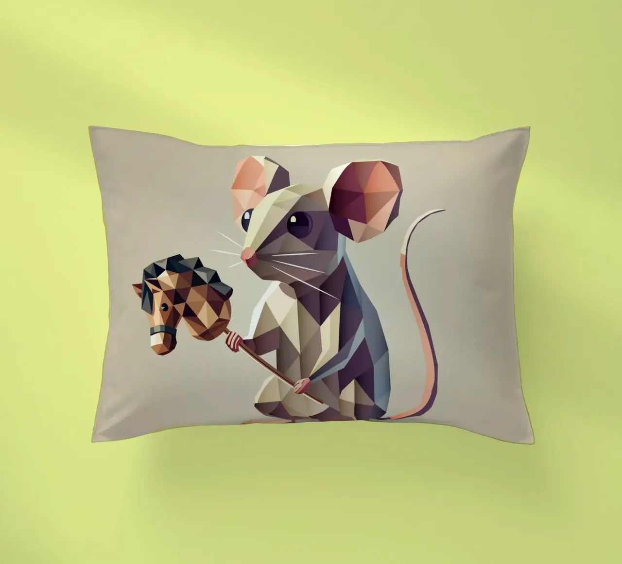 Playful mouse with hobbyhorse in polygon style decorative cushion by namosh