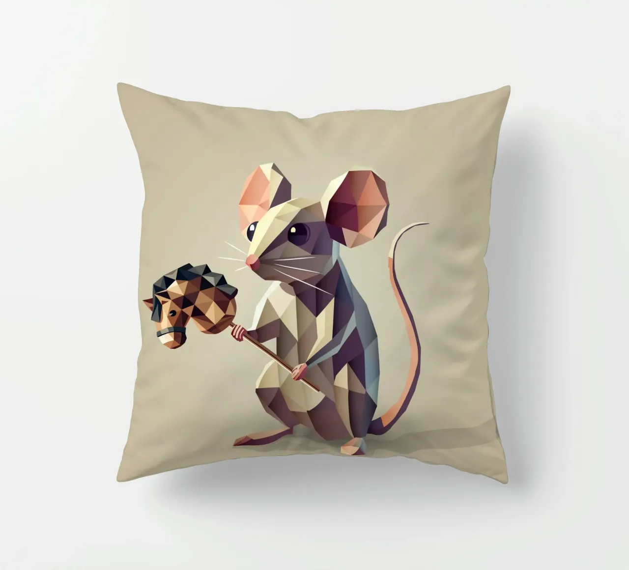 Playful mouse with hobbyhorse in polygon style decorative cushion by namosh