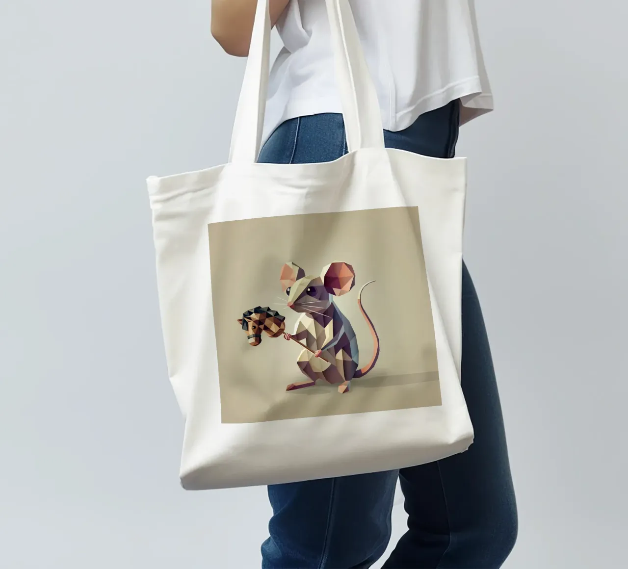 Playful mouse with hobbyhorse in polygon style tote bag by namosh