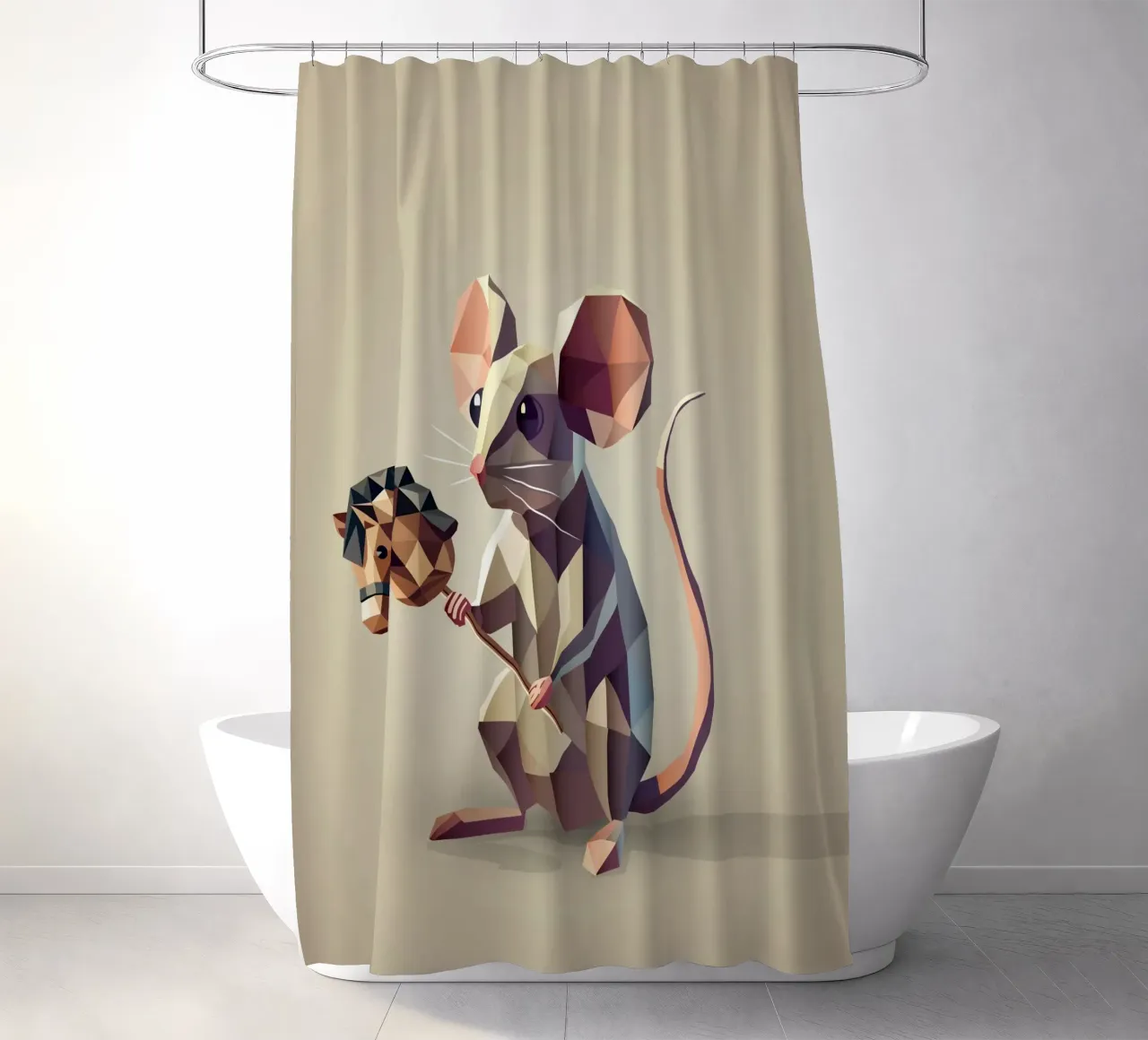 Playful mouse with hobbyhorse in polygon style shower curtain by namosh