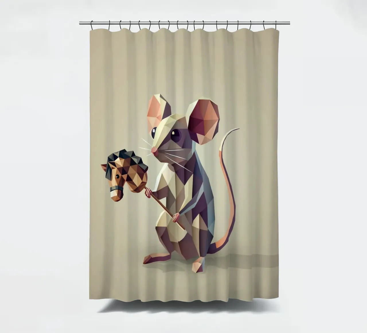 Playful mouse with hobbyhorse in polygon style shower curtain by namosh