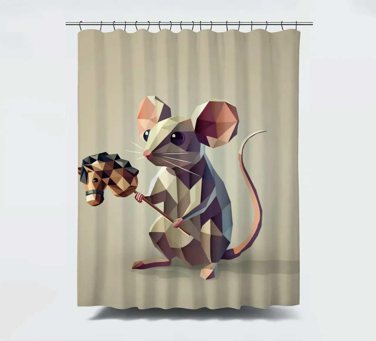 Playful mouse with hobbyhorse in polygon style shower curtain by namosh