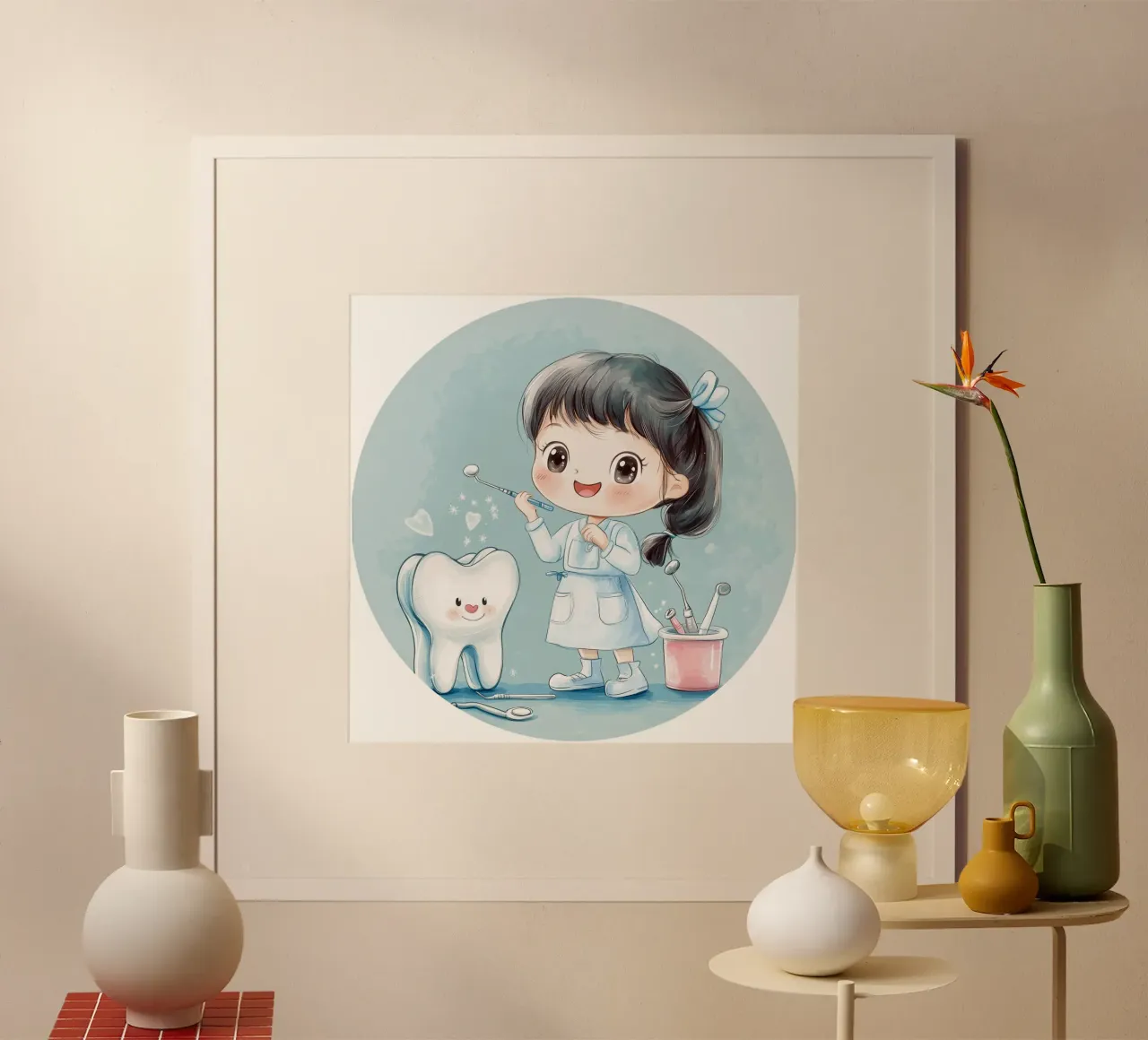 Piccolo dentista rotondo poster con telaio in legno da Synthaira