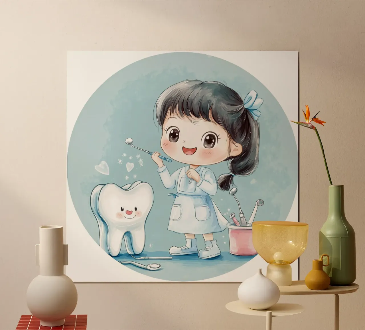 Piccolo dentista rotondo poster con telaio in legno da Synthaira