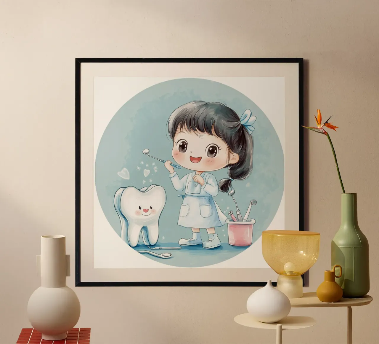 Piccolo dentista rotondo poster con telaio in legno da Synthaira