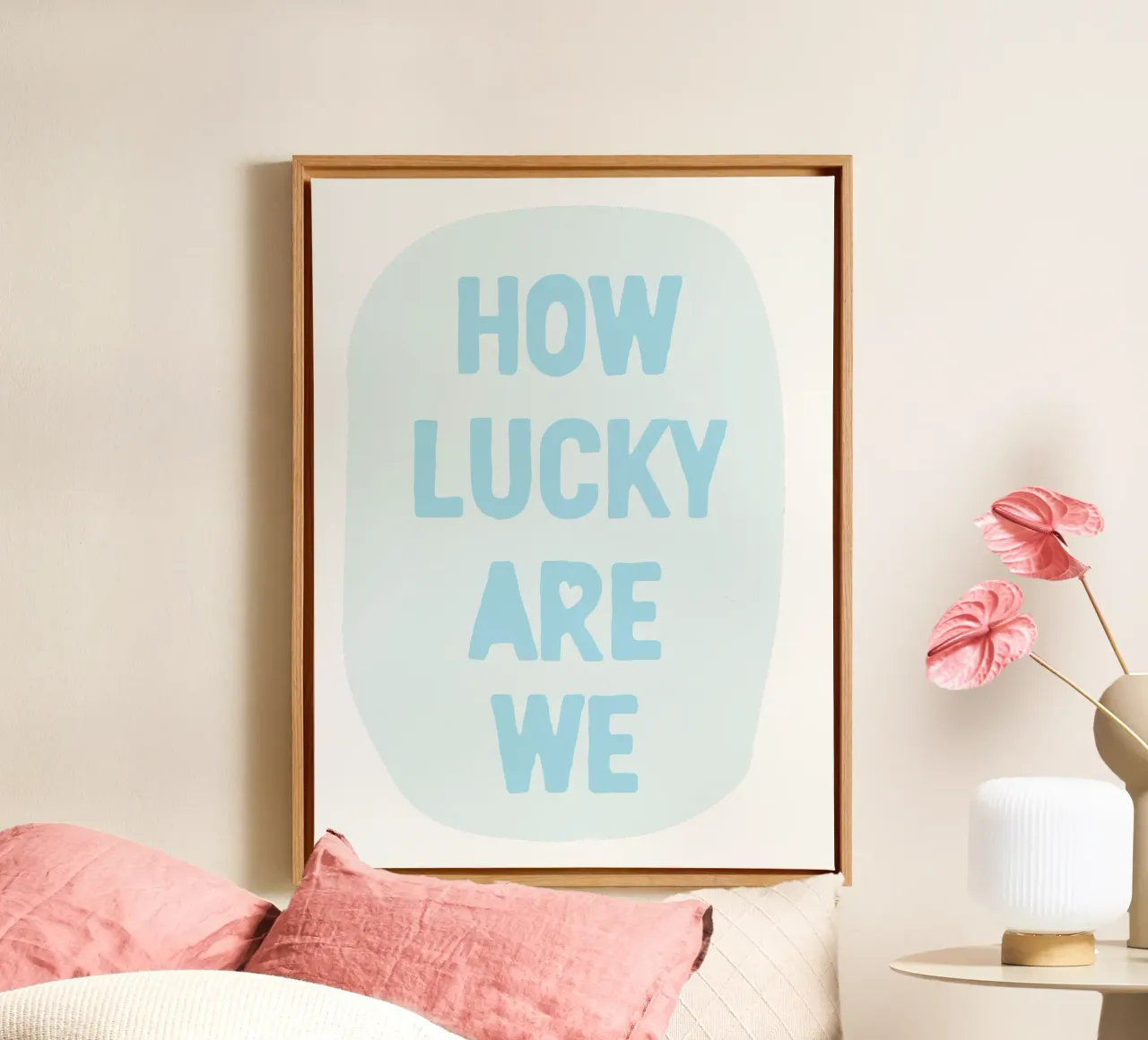 How Lucky Are We Print, Blue Trendy Wall Art, Preppy Poster canvas met Baklijst van Farlane