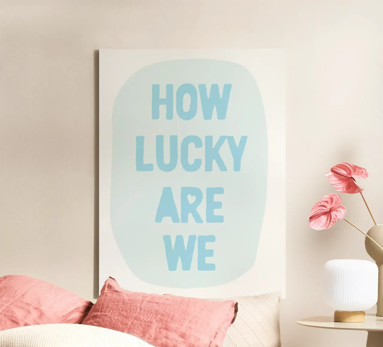 How Lucky Are We Print, Blue Trendy Wall Art, Preppy Poster canvas met Baklijst van Farlane