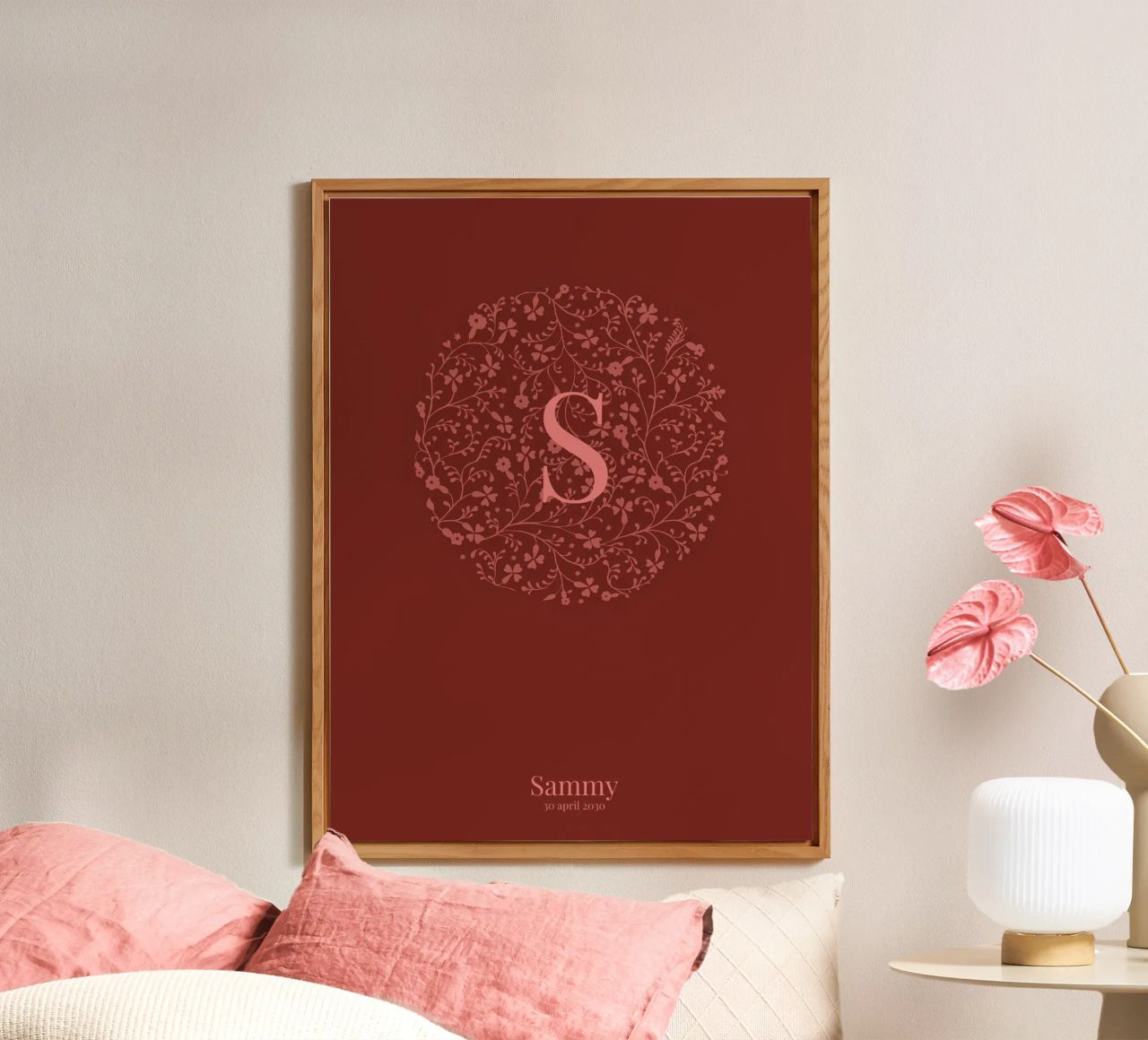 poster di nascita con cerchio di fiori, nome e data alluminio dibond da ALLÉE DE PAPIER
