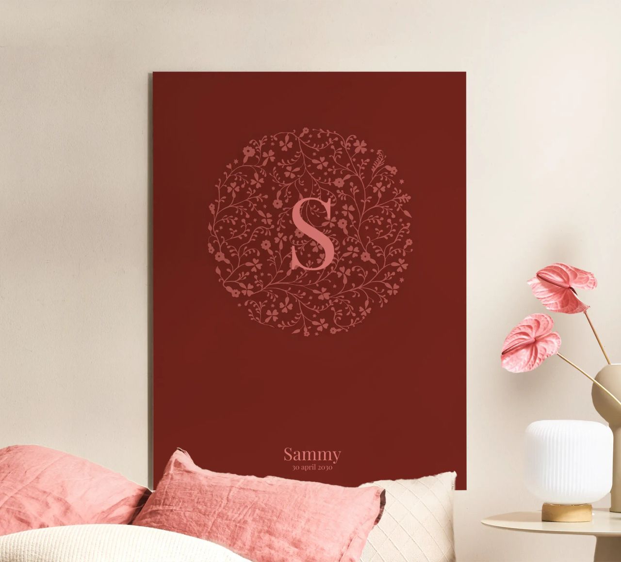 poster di nascita con cerchio di fiori, nome e data alluminio dibond da ALLÉE DE PAPIER
