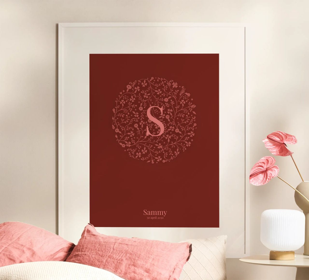 cartel de nacimiento con círculo de flores, nombre y fecha poster de ALLÉE DE PAPIER