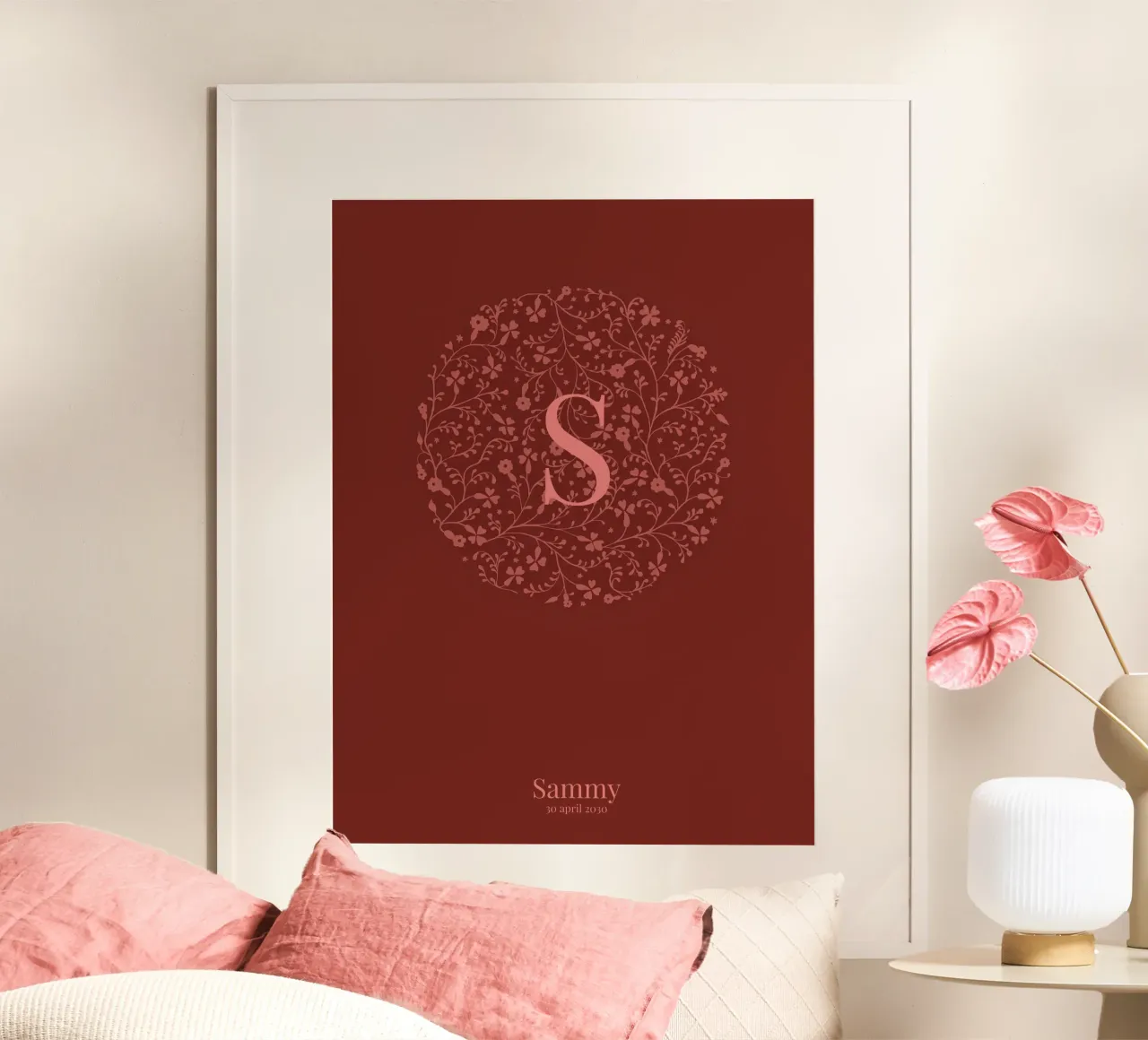 poster di nascita con cerchio di fiori, nome e data poster da ALLÉE DE PAPIER