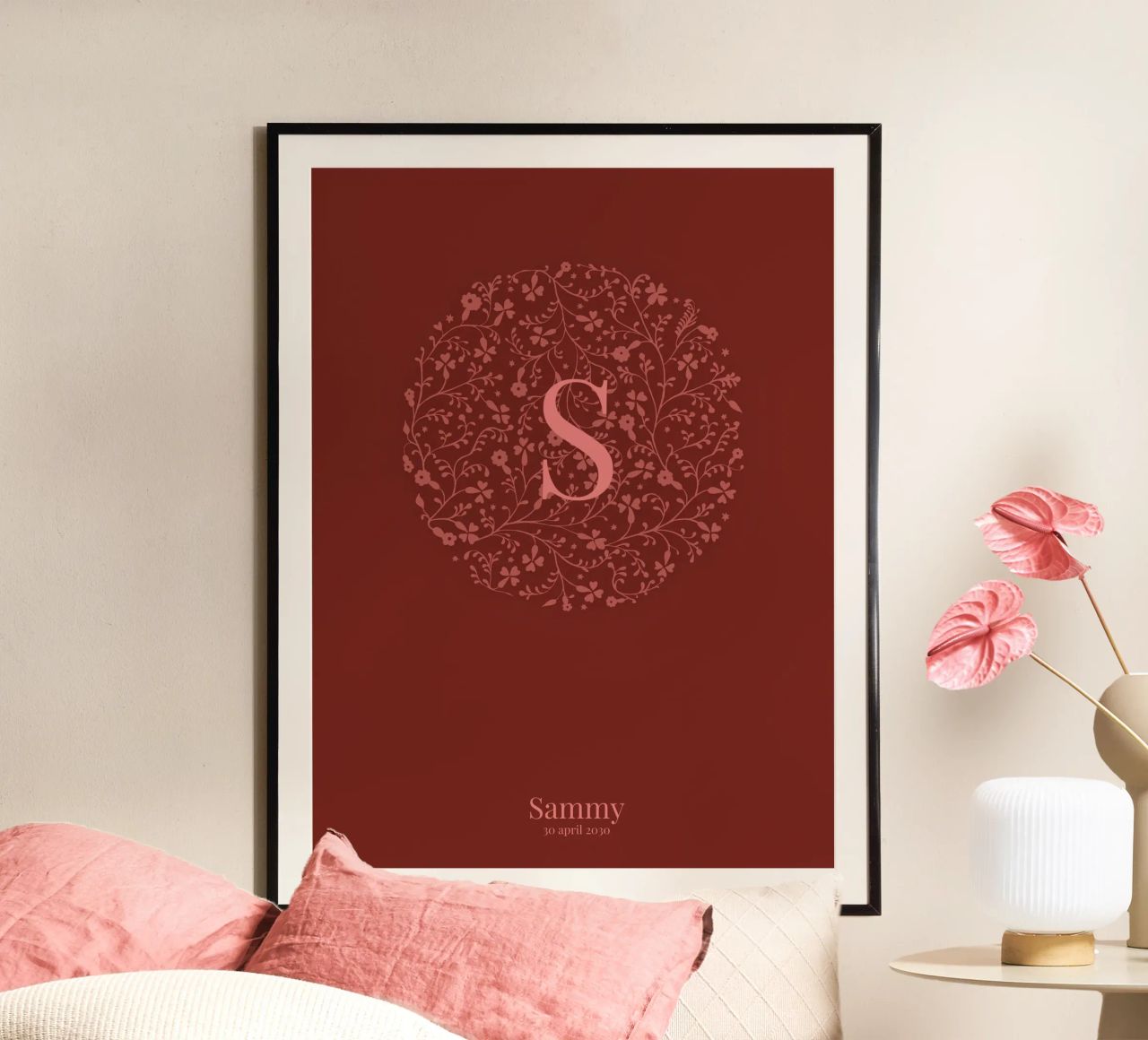 cartel de nacimiento con círculo de flores, nombre y fecha poster de ALLÉE DE PAPIER
