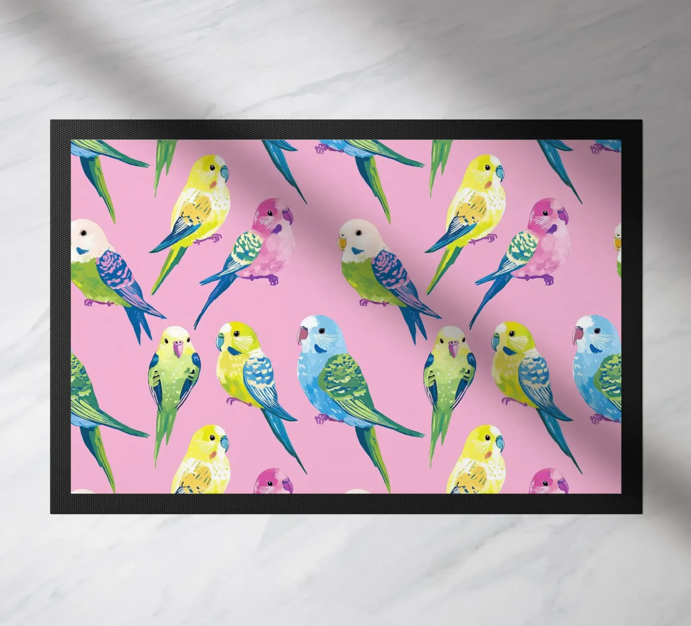 Happy Parakeets doormat by Sunflower Soul Studio