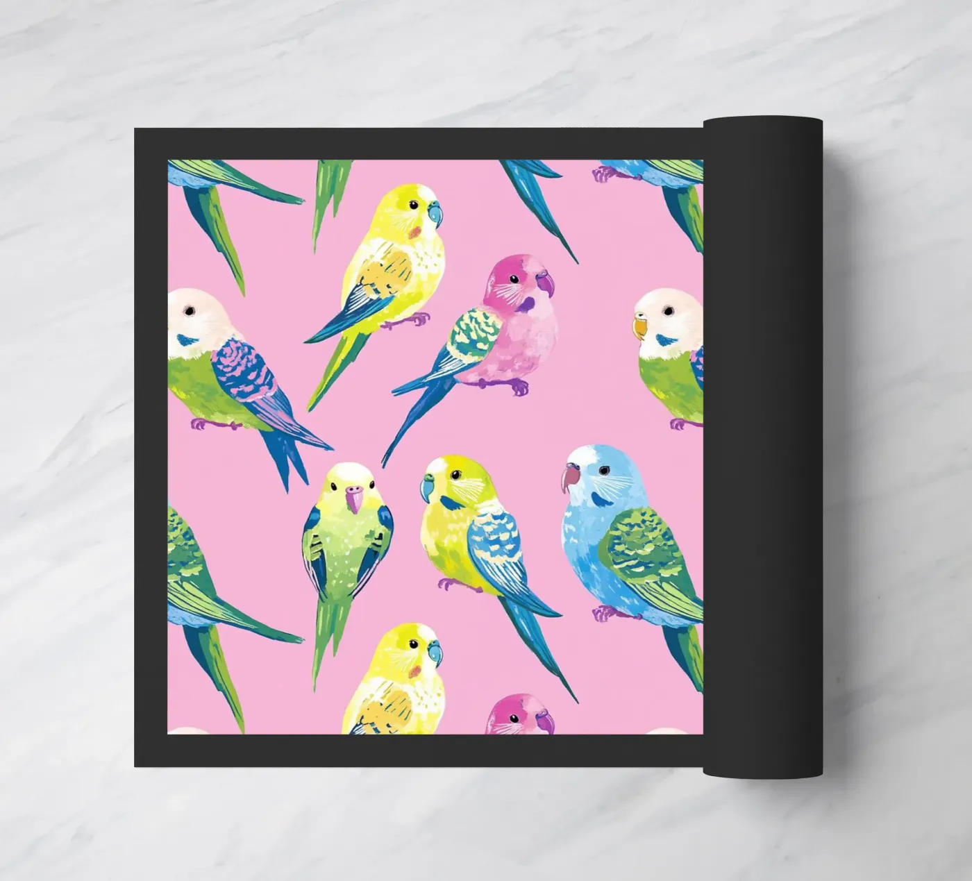 Happy Parakeets doormat by Sunflower Soul Studio