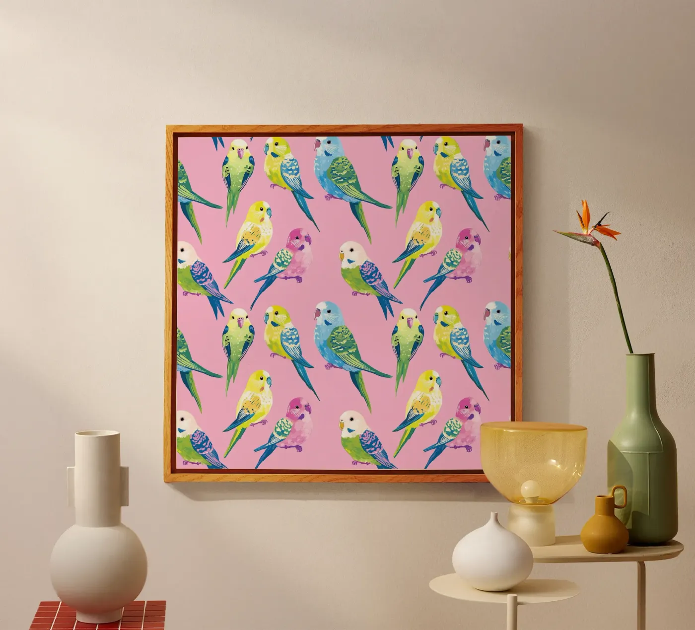 Happy Parakeets acrylic glass by Sunflower Soul Studio