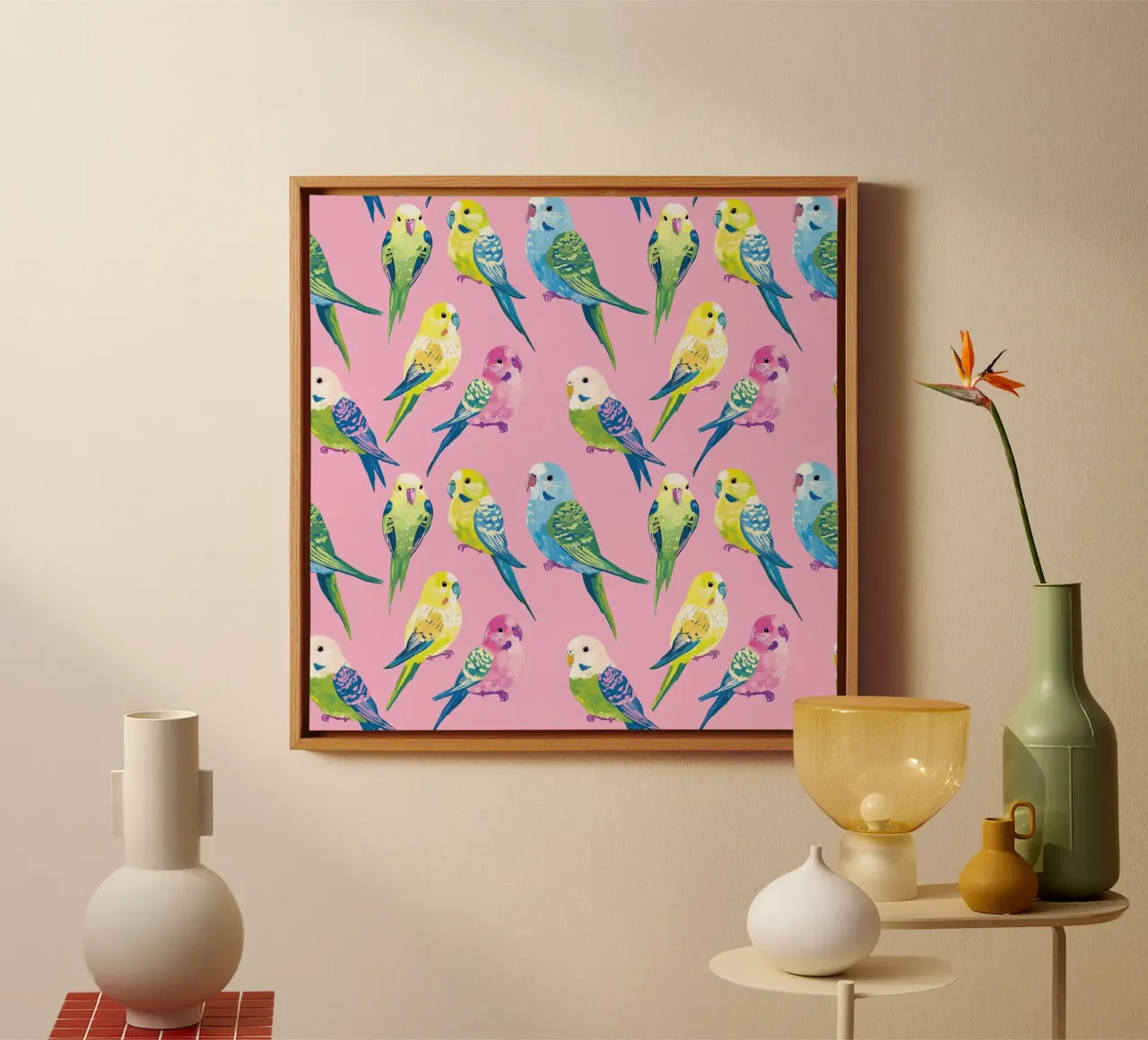 Happy Parakeets canvas with Floater frame by Sunflower Soul Studio