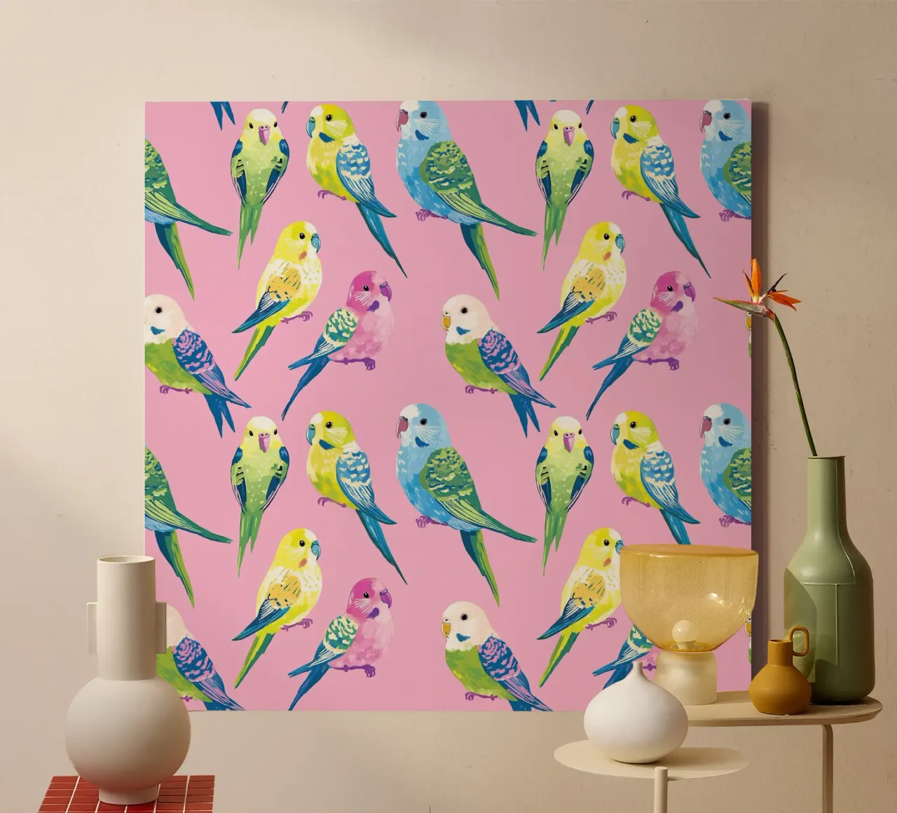 Happy Parakeets canvas with Floater frame by Sunflower Soul Studio