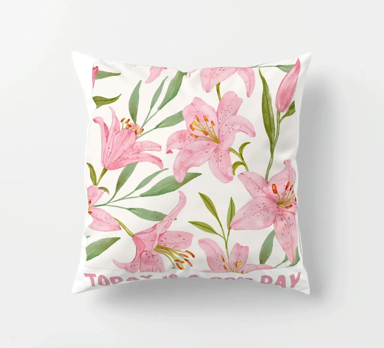 Today is a good day pink lilies pattern decorative cushion by Mostly Pink