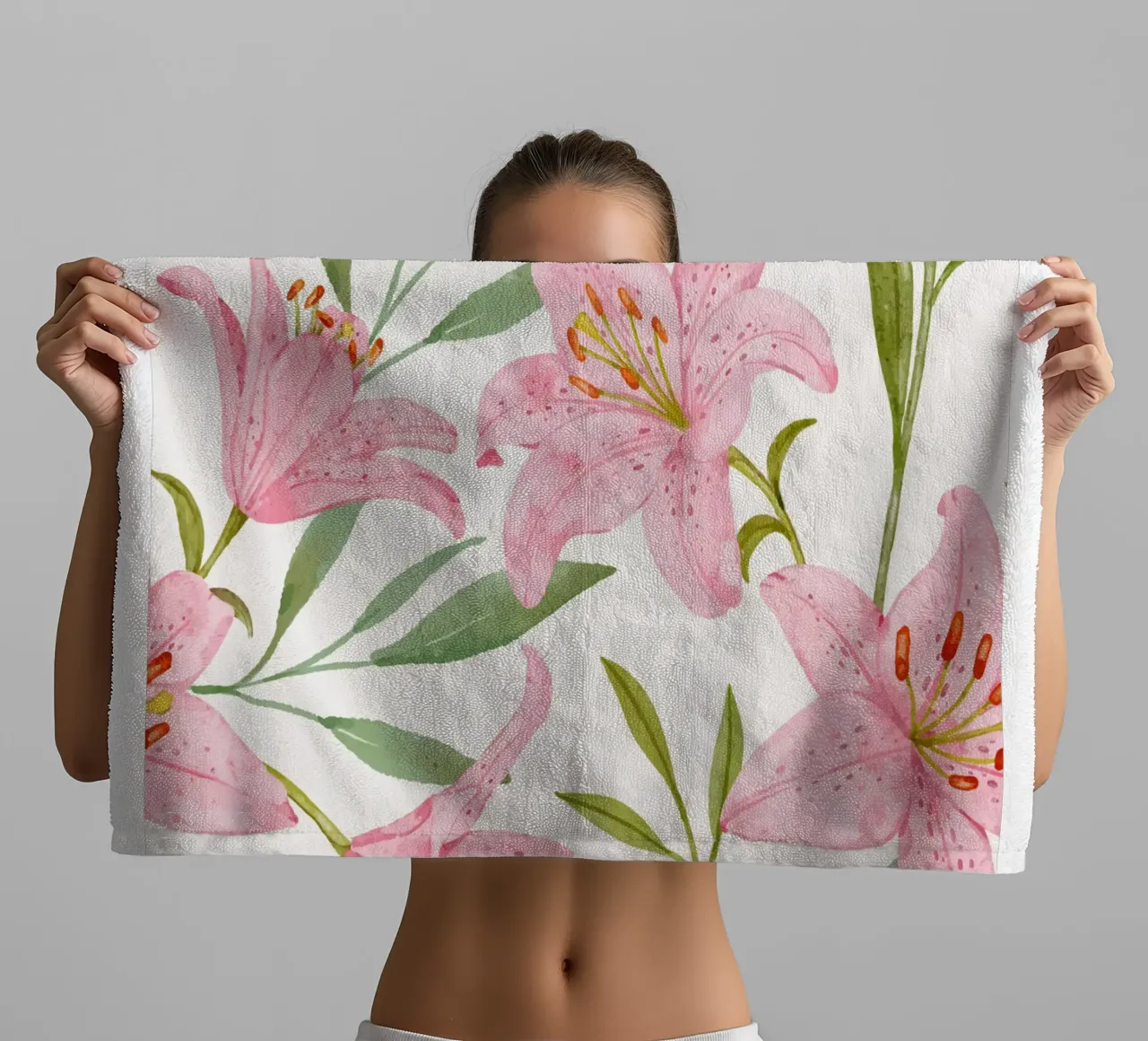 Today is a good day pink lilies pattern towel by Mostly Pink