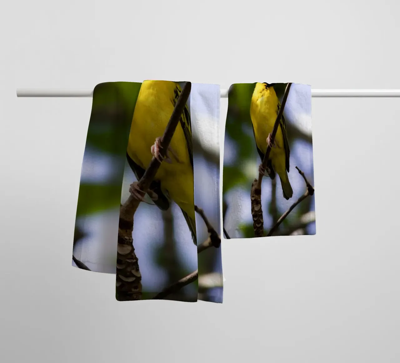 Yellow Bird perched on a branch towel by Léa Lefebvre Photography