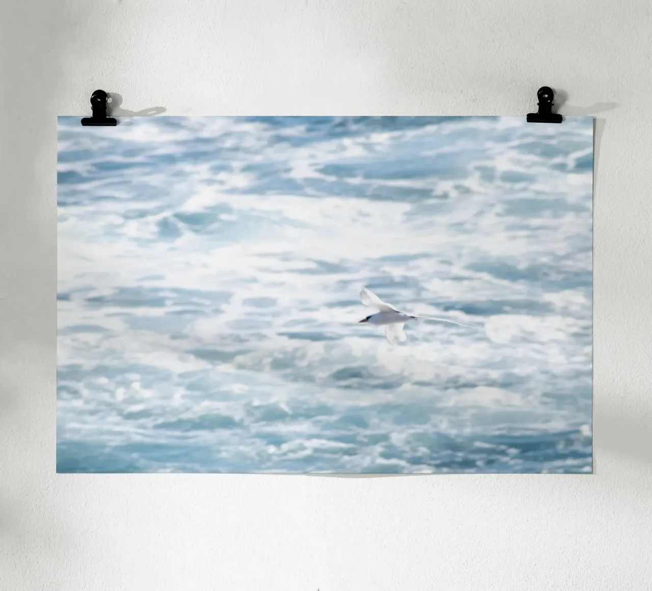 Uccello bianco che vola sopra il mare 2 poster con telaio in alluminio da Léa Lefebvre Photography