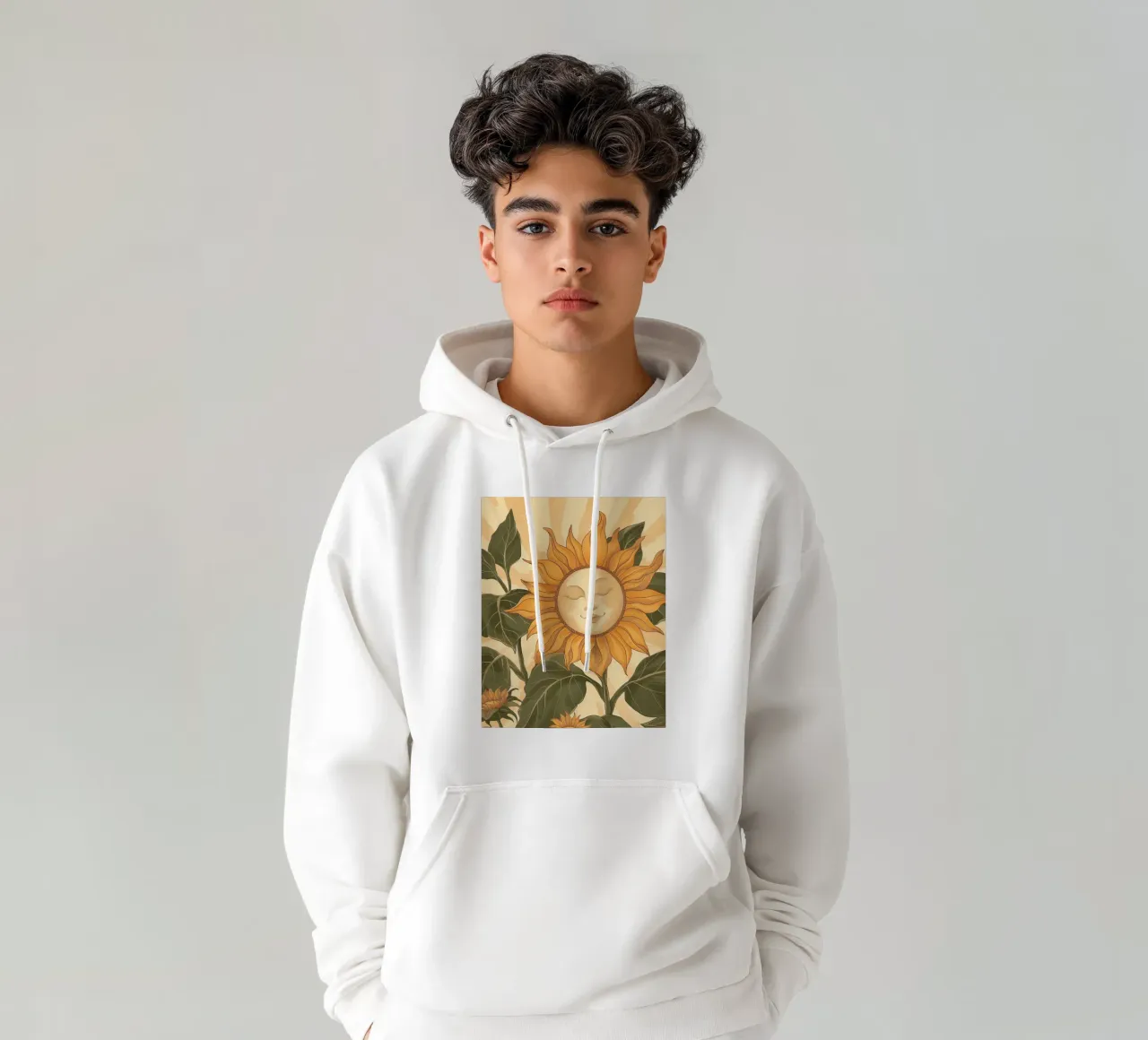 Girasole Smiley Face Retro Floral Boho Botanical Art felpa con cappuccio da Gentle Echoes Art