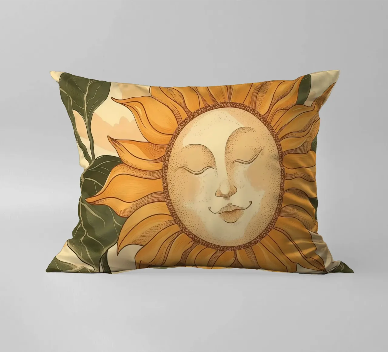 Girasole Smiley Face Retro Floral Boho Botanical Art cuscino da Gentle Echoes Art