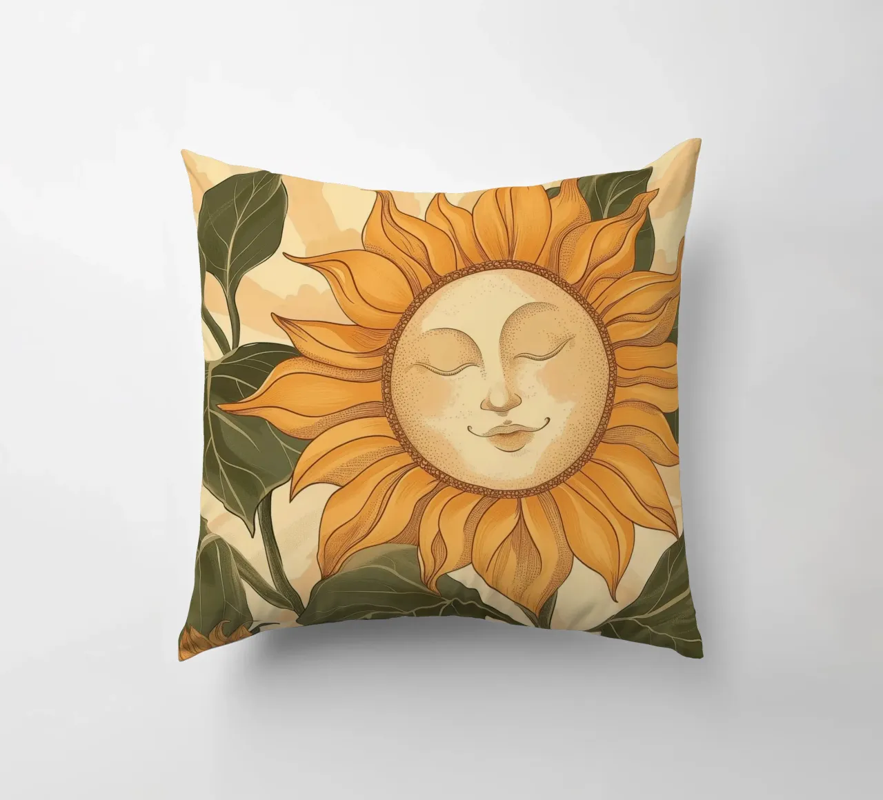 Girasole Smiley Face Retro Floral Boho Botanical Art cuscino da Gentle Echoes Art